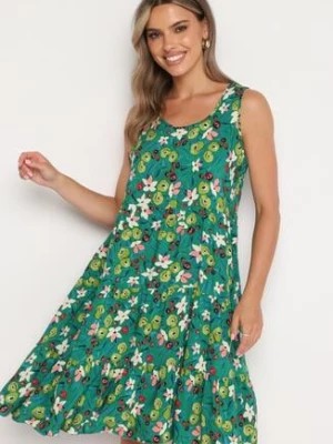 Zdjęcie produktu Zielona Bawełniana Sukienka w Kwiaty na Ramiączkach Grenatia