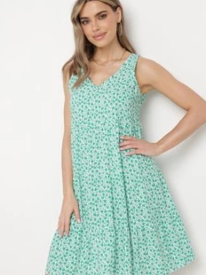 Zdjęcie produktu Zielona Bawełniana Sukienka w Kwiaty z Falbanką Rissafa
