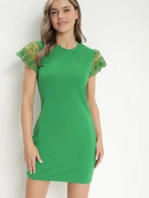 Zdjęcie produktu Zielona Dopasowana Sukienka z Koronkowym Rękawkiem Cidariana