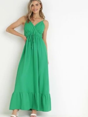 Zdjęcie produktu Zielona Gładka Sukienka Maxi z Marszczoną Elastyczną Talią Tenawa