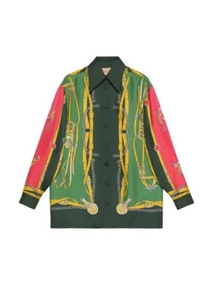 Zdjęcie produktu Zielona Jedwabna Koszula z Wzorem Gucci