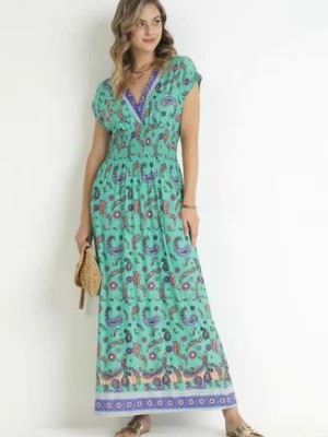 Zdjęcie produktu Zielona Kopertowa Sukienka Maxi z Gumką w Pasie we Wzór Paisley Anitte