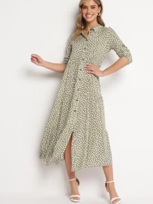 Zdjęcie produktu Zielona Koszulowa Sukienka Bawełniana Maxi w Kropki o Rozkloszowanym Kroju Lirtia
