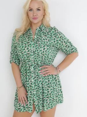 Zdjęcie produktu Zielona Koszulowa Sukienka Mini w Kwiaty z Materiałowym Paskiem i Podpinanymi Rękawami Isamone