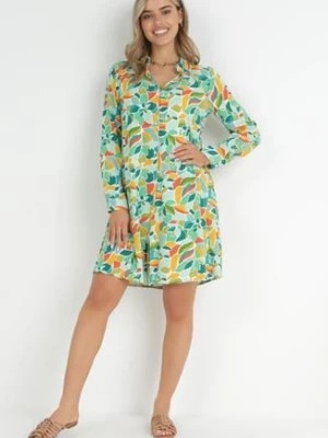Zdjęcie produktu Zielona Koszulowa Sukienka Mini z Kolorowym Wzorem Helecia