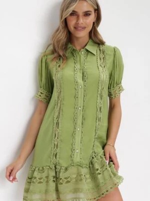 Zdjęcie produktu Zielona Koszulowa Sukienka Mini z Koronką i Perłowymi Guzikami Isira