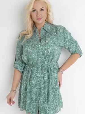 Zdjęcie produktu Zielona Koszulowa Sukienka Mini z Materiałowym Paskiem i Podpinanymi Rękawami Eleandia