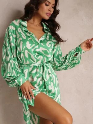 Zdjęcie produktu Zielona Koszulowa Sukienka z Plisowanymi Wstawkami i Materiałowym Paskiem Lizza