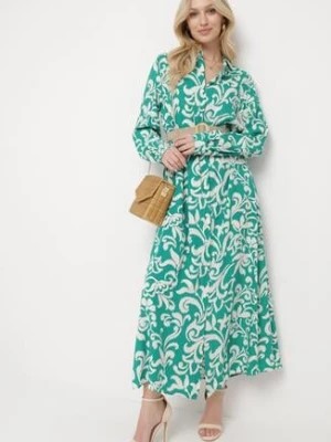 Zdjęcie produktu Zielona Koszulowa Sukienka z Wiskozy Ozdobiona Ornamentalnym Wzorem Rulffa