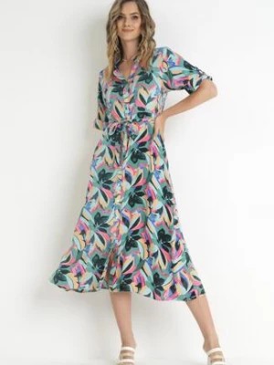 Zdjęcie produktu Zielona Koszulowa Sukienka z Wiskozy w Kwiaty i Wiązanym Paskiem Fstrid