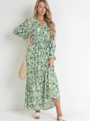 Zdjęcie produktu Zielona Kwiecista Sukienka Maxi z Wiskozy z Gumką w Talii i Materiałowym Paskiem Alilline