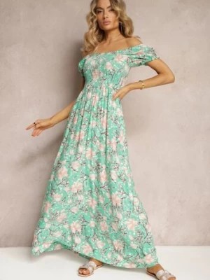 Zdjęcie produktu Zielona Kwiecista Sukienka o Rozkloszowanym Kroju z Marszczoną Górą Eliseria