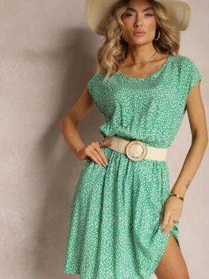 Zdjęcie produktu Zielona Kwiecista Sukienka z Gumką w Talii o Rozkloszowanym Kroju Ocemia