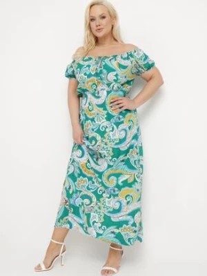 Zdjęcie produktu Zielona Letnia Sukienka Bawełniana z Wzorem Paisley z Hiszpańskim Dekoltem Piemira