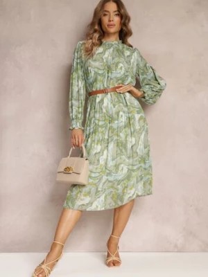 Zdjęcie produktu Zielona Plisowana Sukienka Midi z Długim Rękawem i Paskiem ze Sprzączką Lizeta