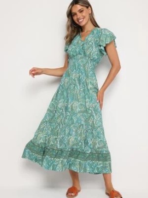 Zdjęcie produktu Zielona Rozkloszowana Kopertowa Sukienka z Bawełny o Wzorze Paisley z Gumką w Talii Zonne