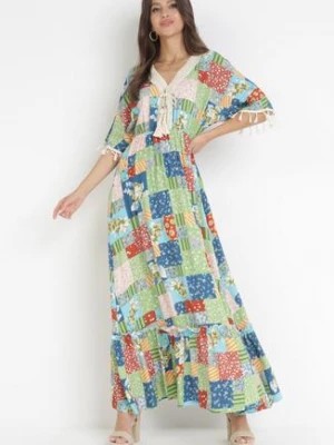 Zdjęcie produktu Zielona Rozkloszowana Sukienka Maxi w Patchworkowy Wzór Daliah