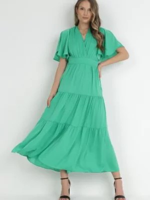 Zdjęcie produktu Zielona Rozkloszowana Sukienka Maxi z Falbankami i Odkrytymi Plecami Rallad