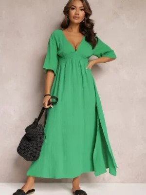 Zdjęcie produktu Zielona Rozkloszowana Sukienka Maxi z Głębokimi Wycięciami i Gumką w Talii Thanthea