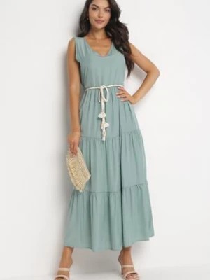 Zdjęcie produktu Zielona Rozkloszowana Sukienka Maxi z Plecionym Sznurkiem w Talii Ralica
