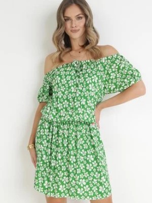 Zdjęcie produktu Zielona Rozkloszowana Sukienka Mini z Hiszpańskim Dekoltem i Gumką w Talii z Wiskozy Jassinta