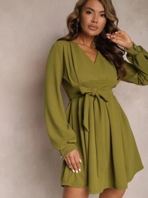 Zdjęcie produktu Zielona Rozkloszowana Sukienka Mini z Wiązanym Paskiem Lavendra