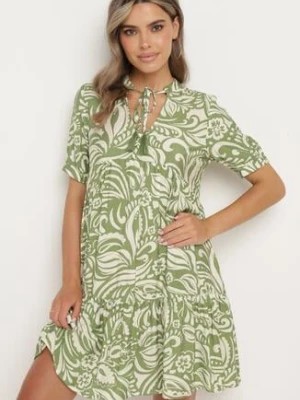 Zdjęcie produktu Zielona Rozkloszowana Sukienka z Bawełną i Wiskozą Wiązaniem przy Dekolcie i Paskiem Dimssi