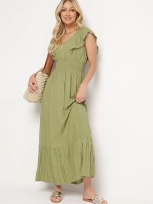 Zdjęcie produktu Zielona Rozkloszowana Sukienka z Bawełny z Gumką w Talii i Falbankami Dimissa