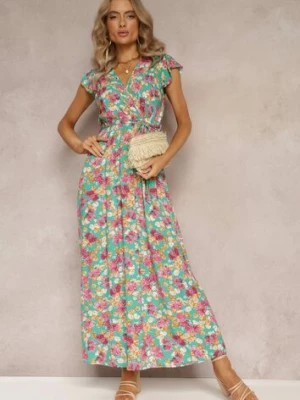 Zdjęcie produktu Zielona Rozkloszowana Sukienka z Wiskozy w Kwiaty z Gumką w Talii Omella