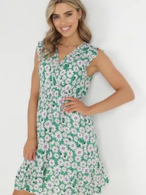 Zdjęcie produktu Zielona Rozkloszowana Sukienka z Wiskozy z Gumką w Pasie Ilusoum