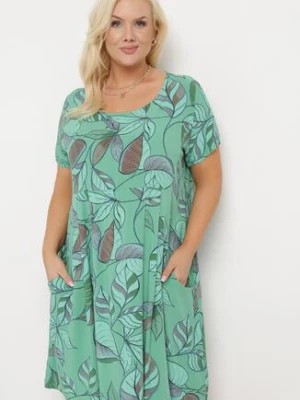 Zdjęcie produktu Zielona Rozkloszowana Sukienka z Wiskozy z Krótkim Rękawem Givina