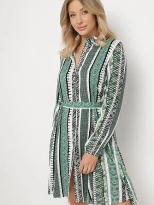 Zdjęcie produktu Zielona Sukienka Koszulowa z Wiskozy Rozkloszowana z Materiałowym Paskiem Sigina