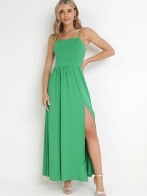 Zdjęcie produktu Zielona Sukienka Maxi na Ramiączkach z Rozcięciem na Dole i Kwadratowym Dekoltem Jacklyn