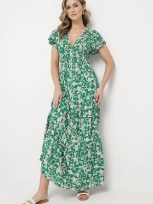 Zdjęcie produktu Zielona Sukienka Maxi w Kwiaty z Falowanymi Rękawkami i Gumką w Talii Mulanitti