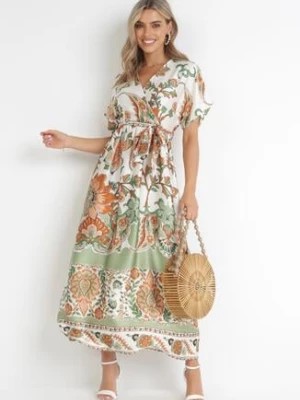Zdjęcie produktu Zielona Sukienka Maxi z Kopertowym Dekoltem i Gumką w Pasie w Orientalny Wzór Sierrina