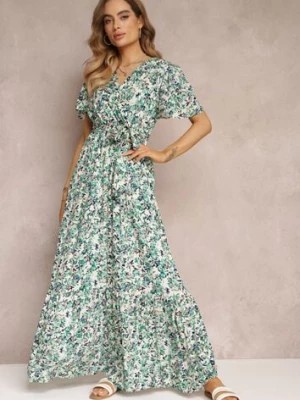 Zdjęcie produktu Zielona Sukienka Maxi z Wiskozy z Gumką i Materiałowym Paskiem w Talii Dionelia