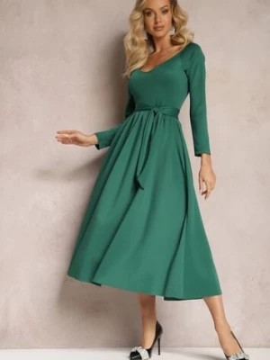 Zdjęcie produktu Zielona Sukienka Midi o Rozszerzanym Kroju z Paskiem w Talii i Dekoltem w Serek Vividia