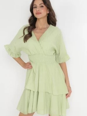 Zdjęcie produktu Zielona Sukienka Mini z Gumką w Pasie i Falbankami Edeane