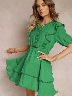 Zdjęcie produktu Zielona Sukienka Mini z Gumką w Pasie i Falbankami Makenza