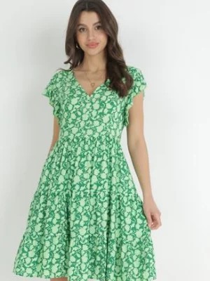 Zdjęcie produktu Zielona Sukienka Mini z Wiskozy z Falbanką Przy Ramionach i na Dole Jaysing