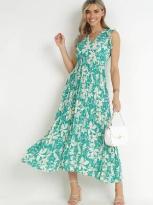 Zdjęcie produktu Zielona Sukienka Plisowana z Kopertowym Dekoltem Zinnore