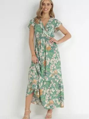 Zdjęcie produktu Zielona Sukienka w Kwiaty z Wiskozy z Kopertowym Dekoltem Narma