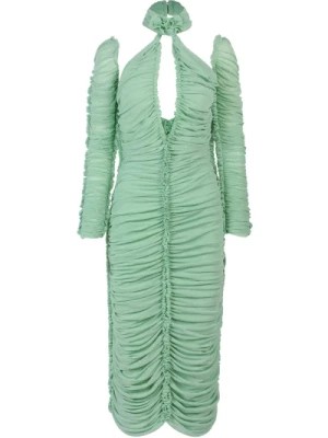 Zdjęcie produktu Zielona Sukienka z Draperią z Materiału Mesh AZ Factory