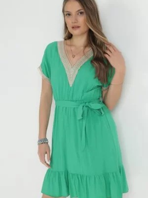 Zdjęcie produktu Zielona Sukienka z Gumką w Pasie z Plecionymi Wstawkami z Wiskozy Hanora