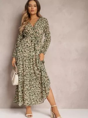 Zdjęcie produktu Zielona Sukienka z Kopertowym Dekoltem w Cętki Irdra