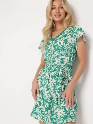Zdjęcie produktu Zielona Sukienka z Krótkim Rękawem Ozdobiona Siateczką przy Dekolcie z Materiałowym Paskiem Meada