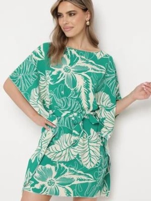 Zdjęcie produktu Zielona Sukienka z Krótkim Rękawem w Kwiaty Wiązana w Pasie Ebilata