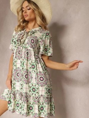 Zdjęcie produktu Zielono-Beżowa Sukienka z Wiskozowej Tkaniny w Mozaikowy Wzór Boho Naviera