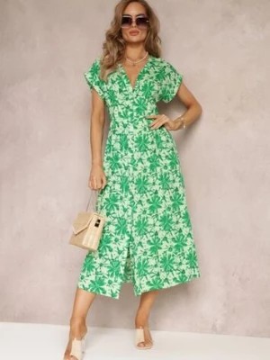 Zdjęcie produktu Zielona Wiskozowa Sukienka Midi w Kwiaty z Gumką w Talii Divina
