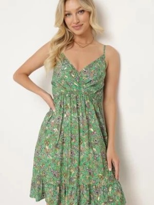 Zdjęcie produktu Zielona Wiskozowa Sukienka na Ramiączkach z Kopertowym Dekoltem i Gumką w Pasie Dimiette